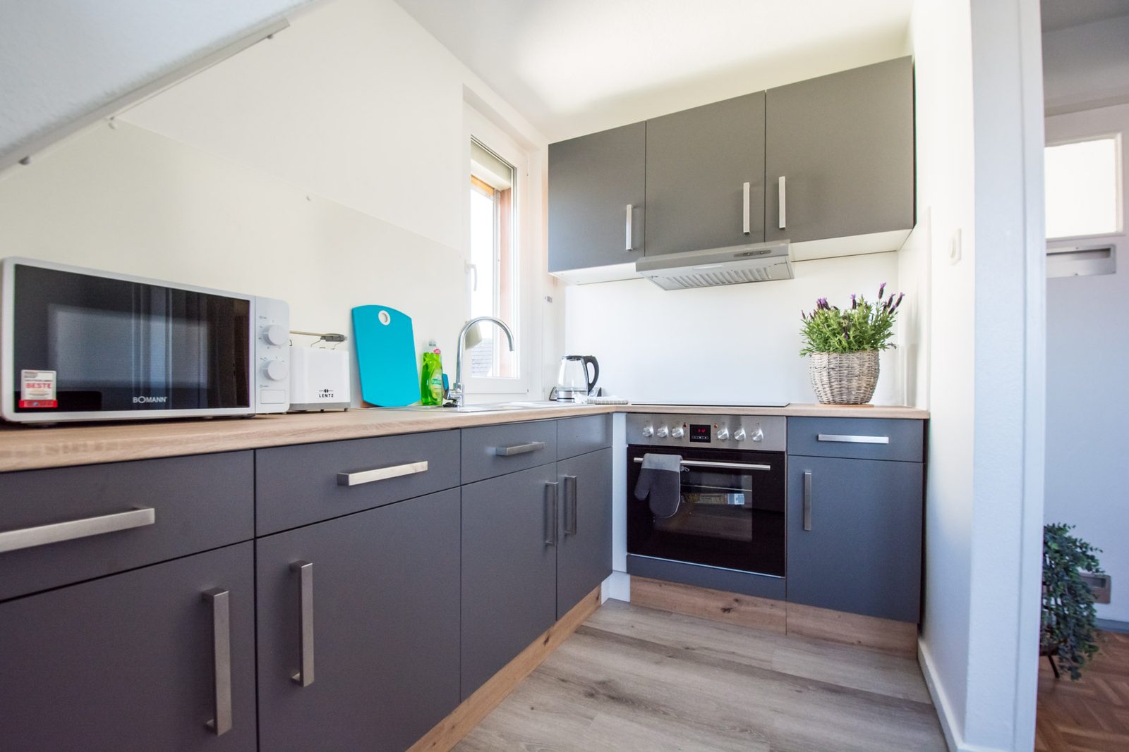 Küche mit Backofen und Dunstabzug, Monteurwohnung in Neu-Isenburg